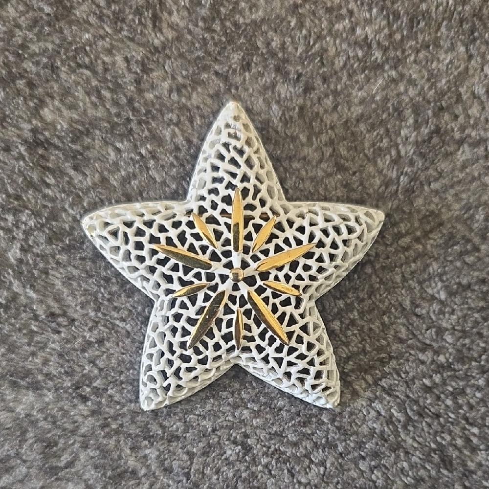Monet White and Gold Lattice Star Pin